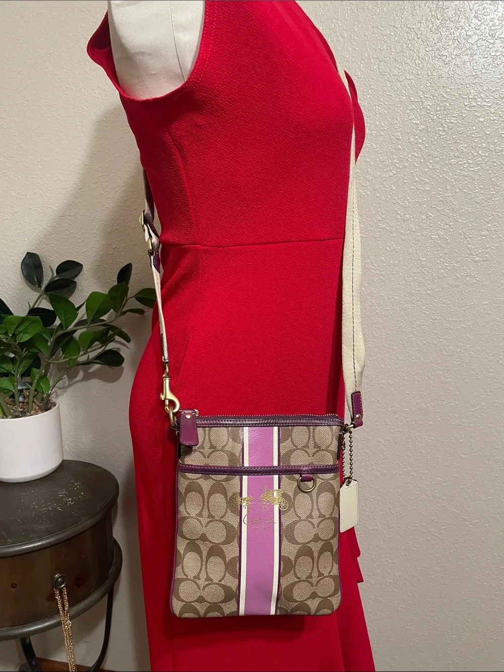 Coach Tan Signature Crossbody with Pink Stripe